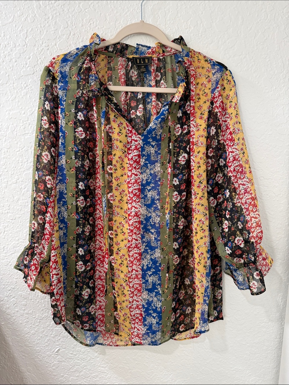 OLM Multicolor Floral Stripe Sheer Blouse - Green/Yellow/Blue/Red Size 2X